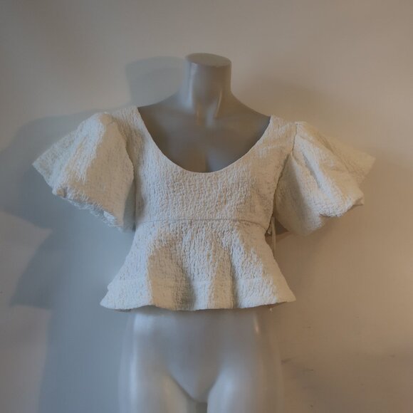 NWT Womens Ronny Kobo Jorden White Ruffled Textured Peplum Hem Cropped Top M - Picture 6 of 11